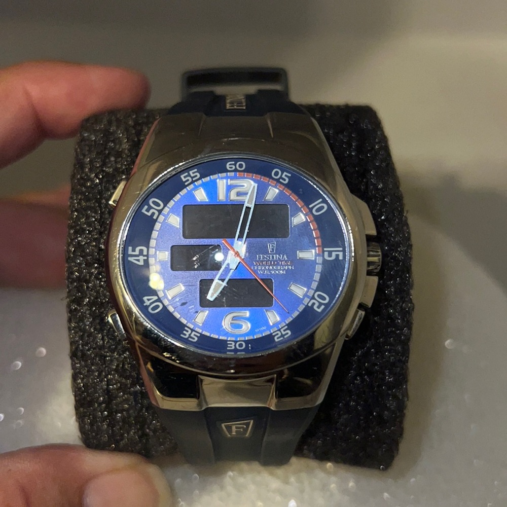 Festina 6716 men’s retro watch hard to find Color Blue strap & face chrome bevel
